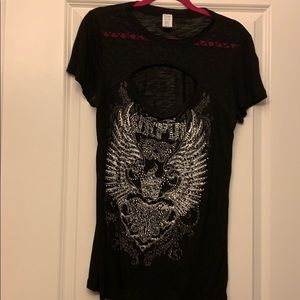 Sinful shirt with open hole and rhinestones